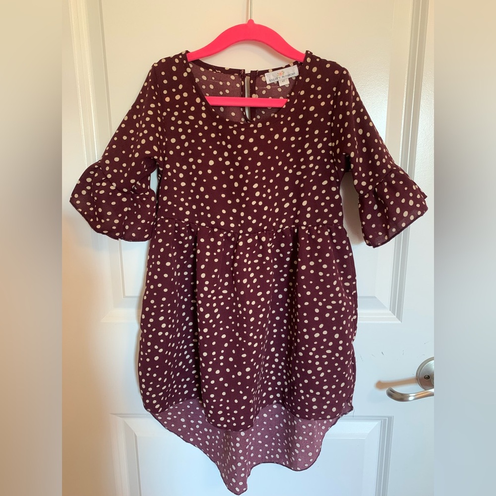 Polka Dot Kids Dress High/Low Hem - Maroon and Cream